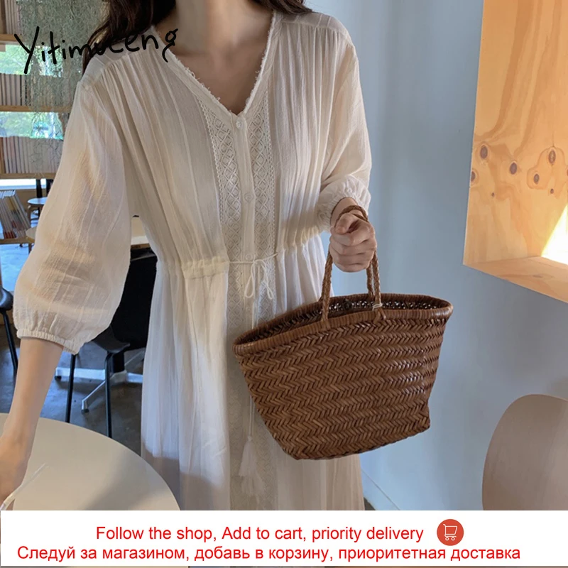 

Yitimuceng White Dresses Women Oversize Plus Size Lace High Waist Button Up Sundress 2021 Summer Fashion New Elegant Midi Dress