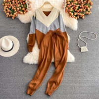 womens knitted suit 20222222222 new harem pants high waist knitted trousers and loose v neck color blocking sweater 2 piece set