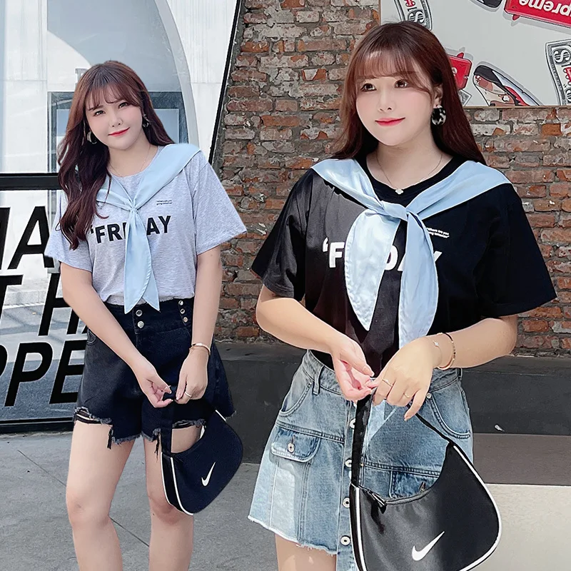 

2021 большой размер Женская Новая повседневная поддельная 2-piece шарф из денима накидка с принтом буквы тройник Женская футболка с коротким рук...