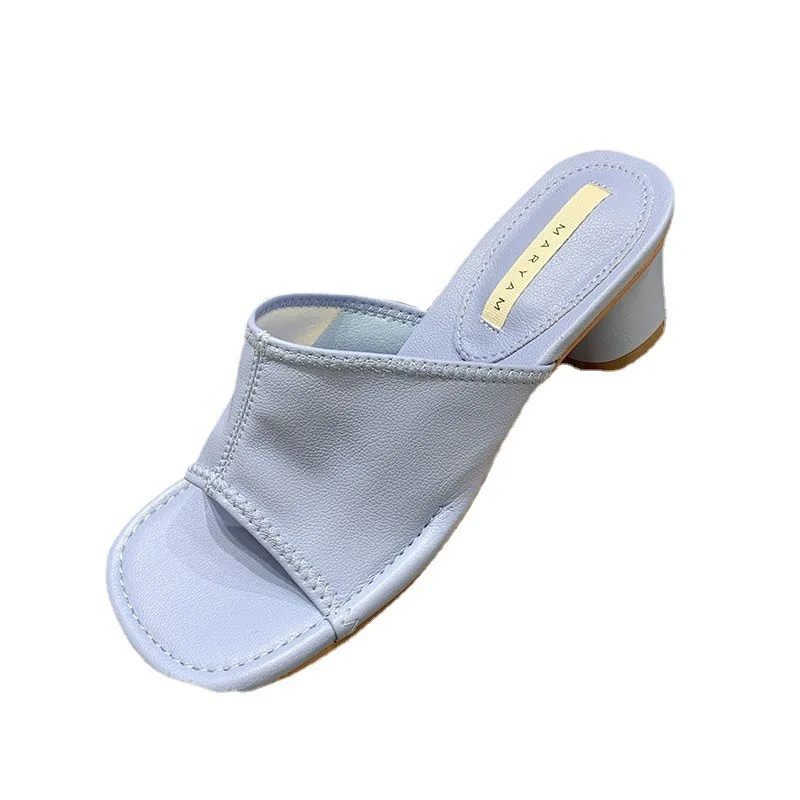 

South Korea 2021 Summer Sandals Open Toe Thick Heel Shallow Mouth One Pedal Temperament Simple High Heel Slippers Women's Shoes