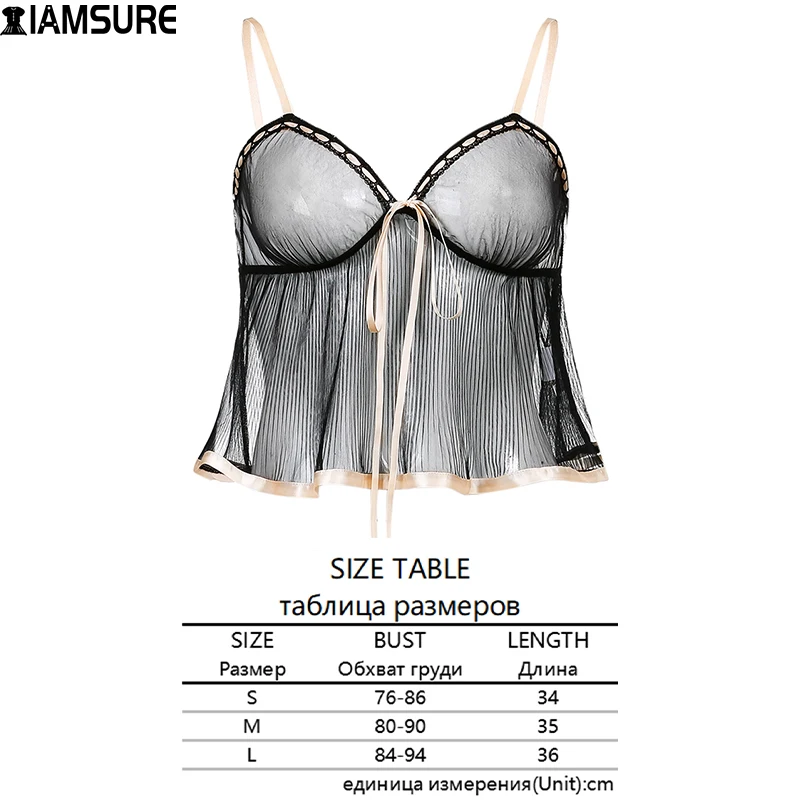 

IAMSURE Sexy Ribbons Mesh Camisoles Low Cut See Through Sleeveless Crop Tops Women 2021 Transparent Spaghetti Straps Tank Top