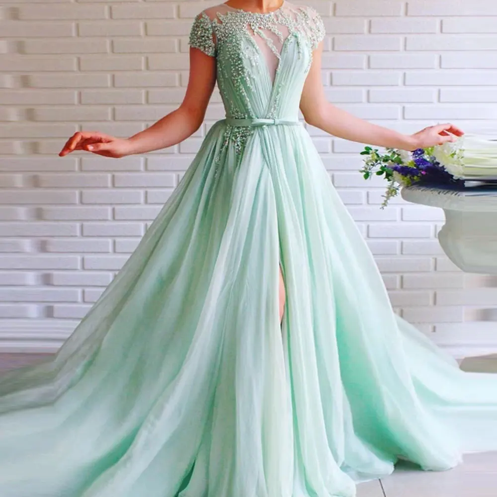 

Front/Side Slit A-line Jewel Poretrait Sweep/Brush Floor length Applique Beading Zipper Fold\Ruffle Draped Evening Dresses