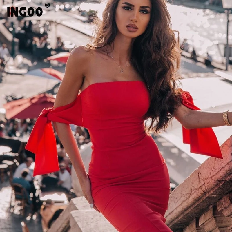 Женское вечернее платье без бретелек INGOO красное Бандажное с открытой спиной в
