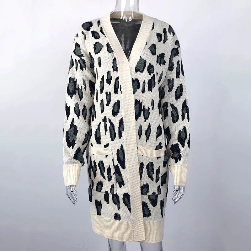 

Leopard Women's Autumn Spring Long Cardigans 2020 Knitted Casual Loose Sweaters for Woman Open Stitch Long Sleeve Female Outwear
