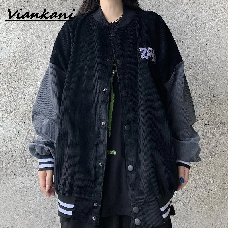 

Женская куртка, зимняя Вельветовая бейсбольная форма контрастной прострочки, кардиган, женская одежда y2k, модная повседневная Уличная одеж...