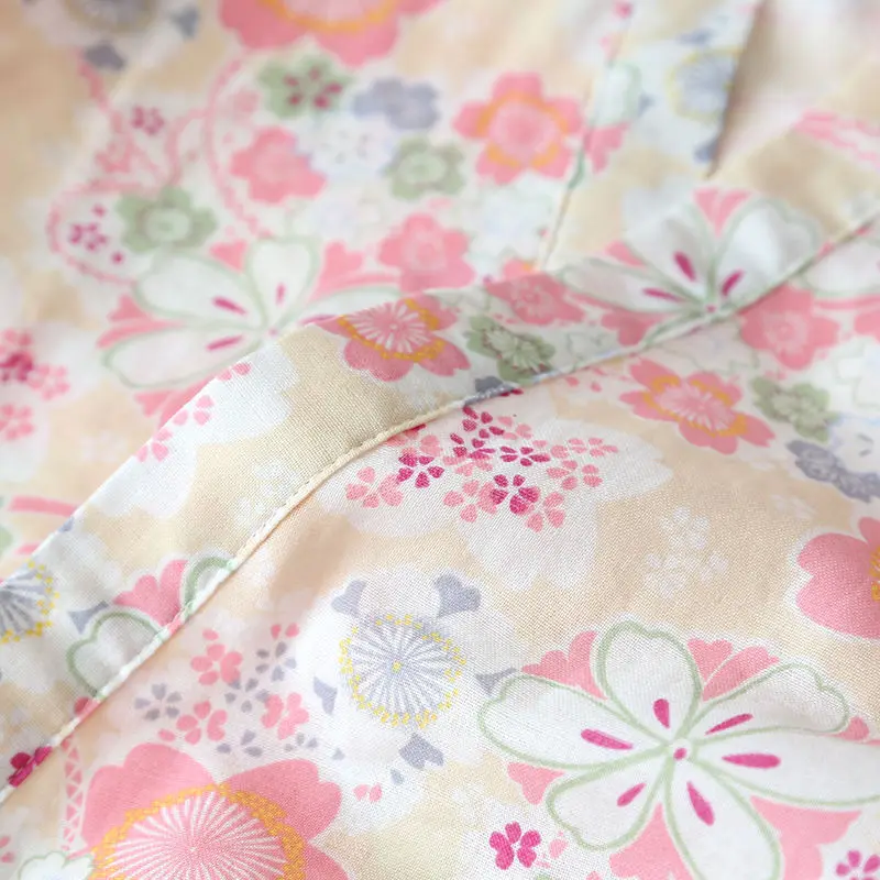 

Japanese Kimono Traditional Pajamas Women Summer Short Sleeve Pants Set Cotton Double Layer Gauze Floral Cute Loose Thin Yukata