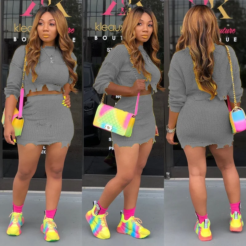 

Женский трикотажный костюм, повседневный однотонный костюм с асимметричной юбкой, с круглым вырезом и запахом на бедрах, осень 2021