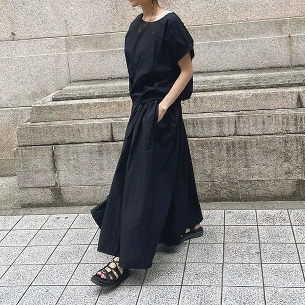 

Женские свободные платья больших размеров в японском стиле, черные однотонные платья до щиколотки, с круглым вырезом и воротником-стойкой д...