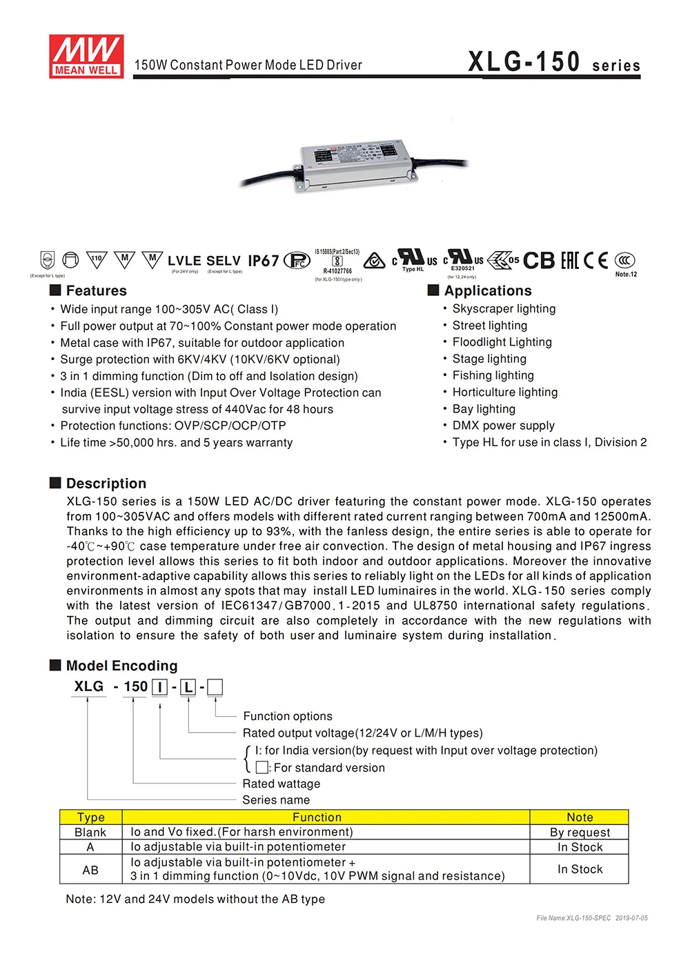 Бренд MEAN WELL представляет XLG-150-L-A 120-214V 700mA 150 Вт постоянное Мощность режим светодиодный драйвер светодиодный Питание регулируемый