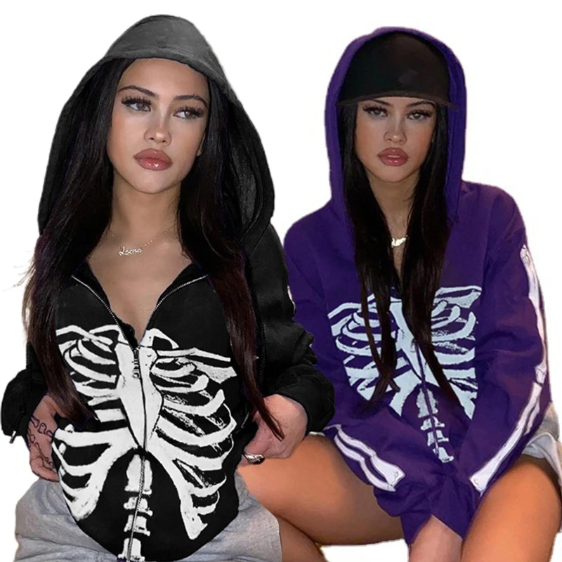X5XD женские толстовки с длинным рукавом в стиле панк куртка принтом скелета на