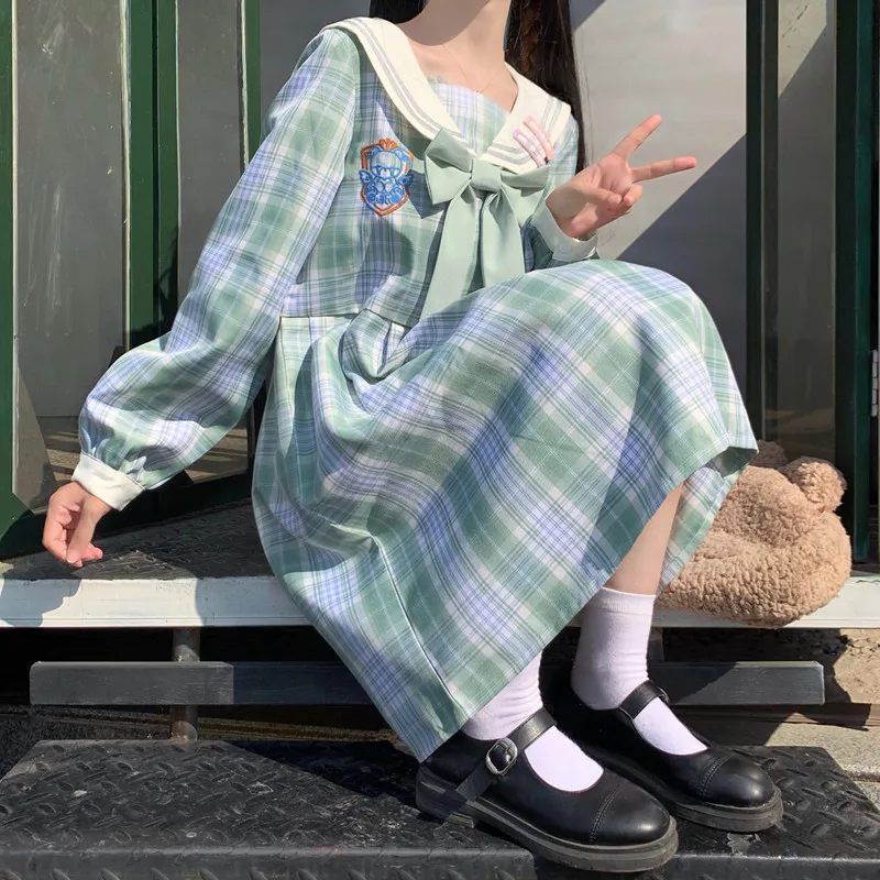 

2020 new Japanese college style navy collar Bowknot plaid loose lolita dress plus size M-2XL women's Vestidos Cos Loli
