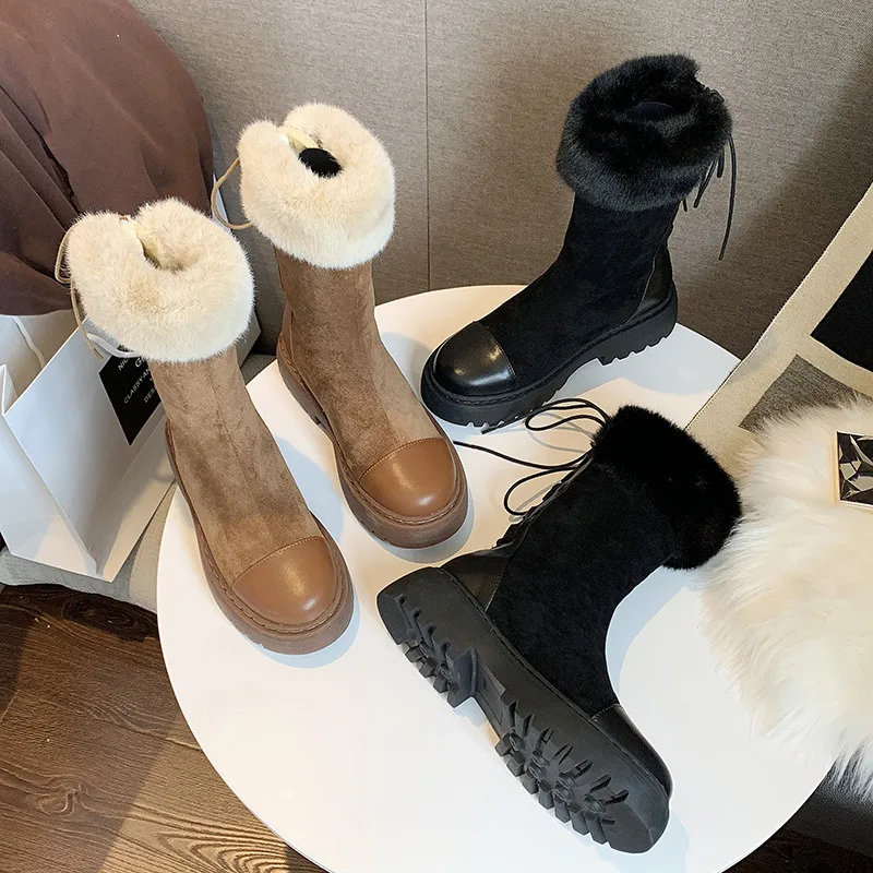 COOTELILI Suede Leather Boots Botines Mujer Warm Plush For Women Lace up Black Fashion Mid-Calf Casual Shoes Woman |