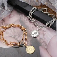 punk female double layer charms bracelets beauty head coin pendant bracelet for women silver color fashion jewlery gifts
