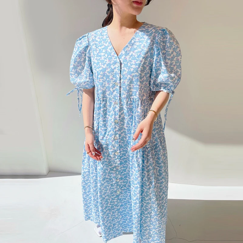 

Women Dress 2021 Summer Korean Chic Ladies Gentle Sweet V-Neck Floral Single-Breasted Lace-Up Puff Sleeve Vestidos