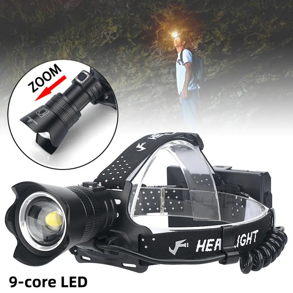 

9-Core XHP100 Мощность Фул зум светодиодный налобный фонарь Перезаряжаемые 18650 USB налобный фонарь с 3 Режим светильник и Мощность Дисплей головной...