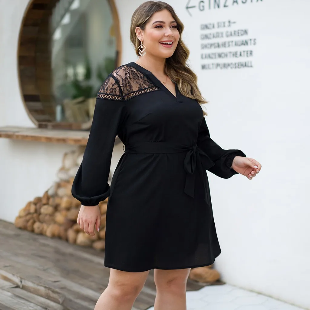 Женские Большие размеры Sexy сексуальные однотонные цветные ленты кружева сшивание Гофрированные Рукава Мини платье трапециевидной формы платье Z4
