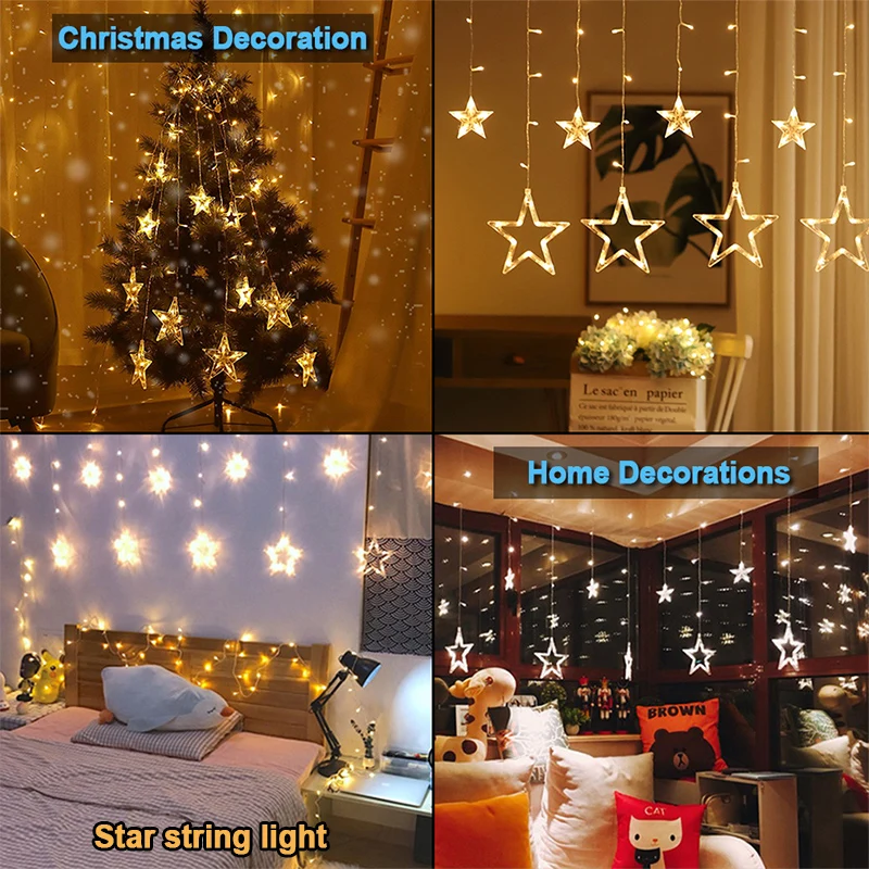 

Fairy Lights Festoon Led Light Garland Curtain Christmas String Lights Decoration Star Bulb on the Window Indoor Street Outdoor