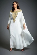 Robe de soirée de forme trapèze, tenue de soirée blanche musulmane, manches longues, mousseline de soie, Kaftan marocain, perles et cristaux, dubaï, arabie saoudite  (4)