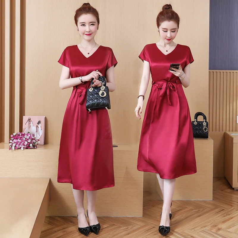 Женское Атласное Платье туника средней длины с V образным вырезом и коротким