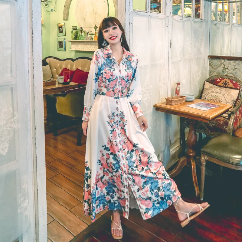 

Woman Maxi Shirt Dress Summer 2021 Fashion Puff Sleeve Stand-Neck Robe Femme Elegant Party Ethnic Vintage Floral Arabian Clothes