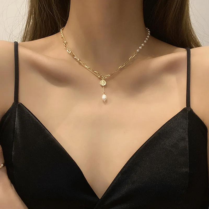 

SIPENGJEL New Trendy Geometric Link Chian Punk Pendant Necklace Simple Gold Chain Pearl Necklace For Women Minimalist Jewelry