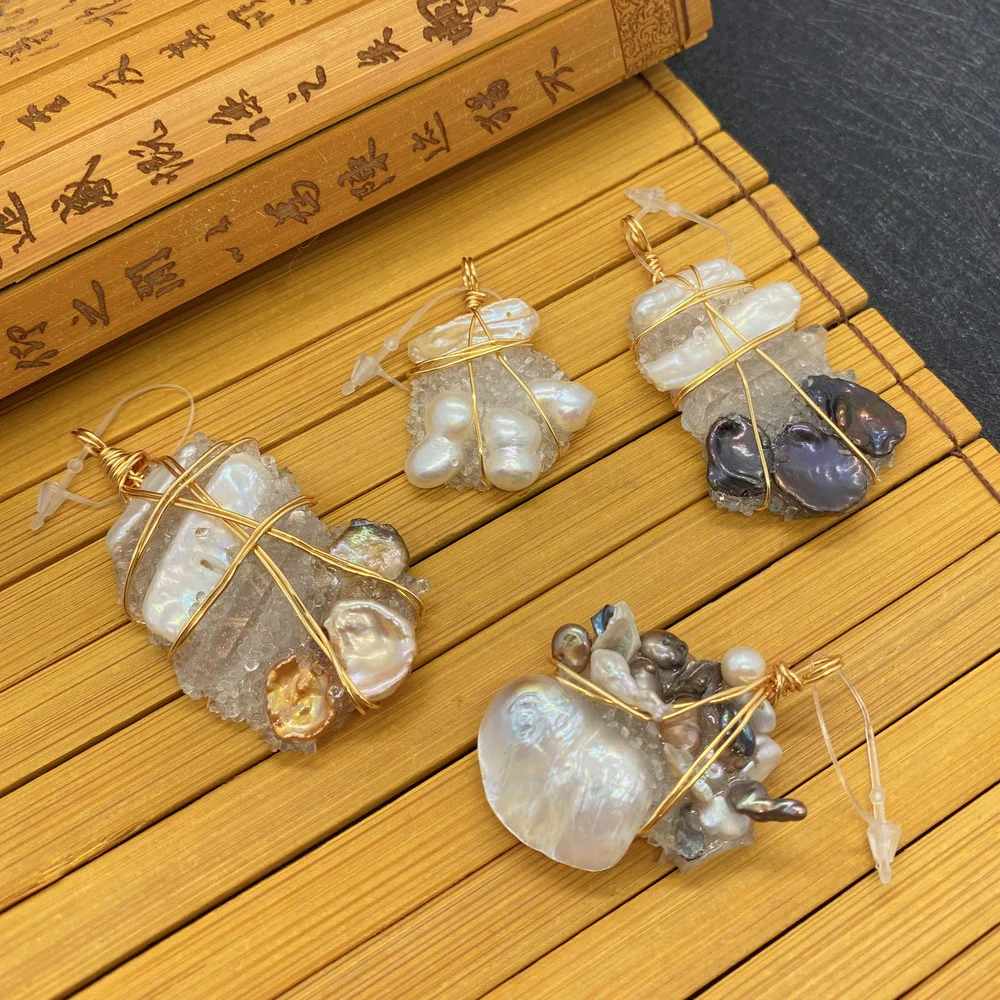 

Natural Pearl Crystal Pendant Irregular Shape Colored Pearl Inlay Hand Winding Suitable for Creating Charm Jewelry Necklace