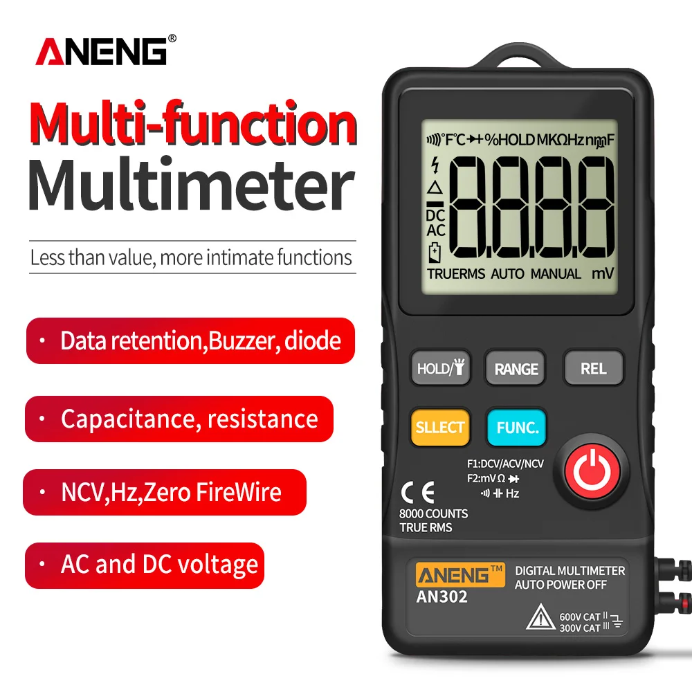 

ANENG AN302 True Rms Digital Multimeter Tester 8000 Counts A Multimetro Transistor Testers Banana Aligator Peak Cable Meter