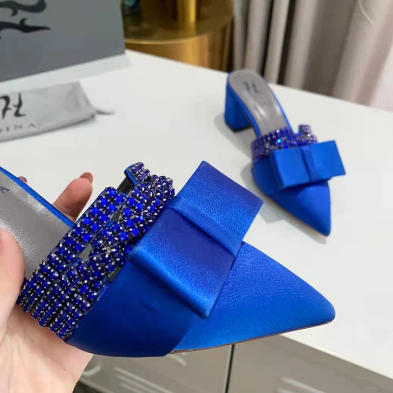 

VALLU 2021 Genuine leather thick high-heel pointed bow sparkling diamond silk Muller sandals slippers size 42