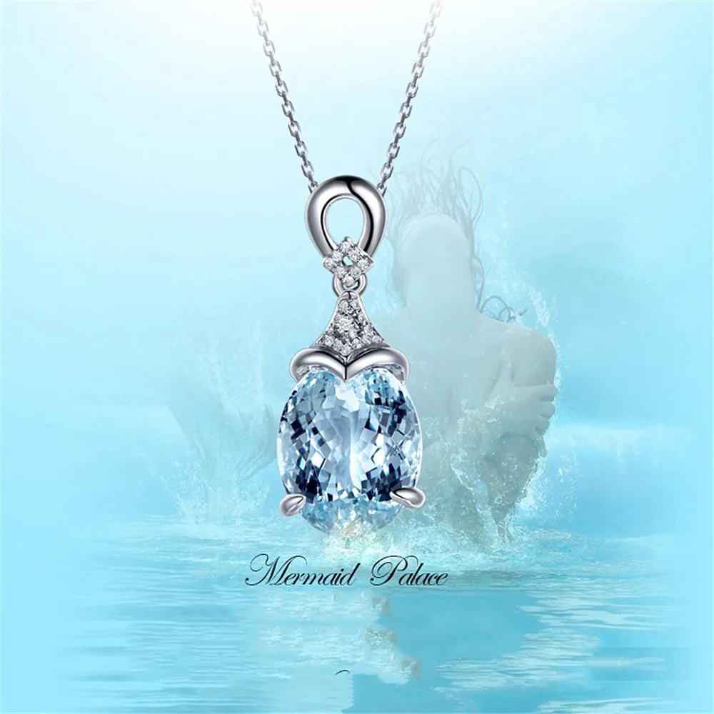 Aquamarine blue crystal pendant necklace for women white gold silver color choker zircon diamonds gemstones bijoux jewelry gift | Украшения