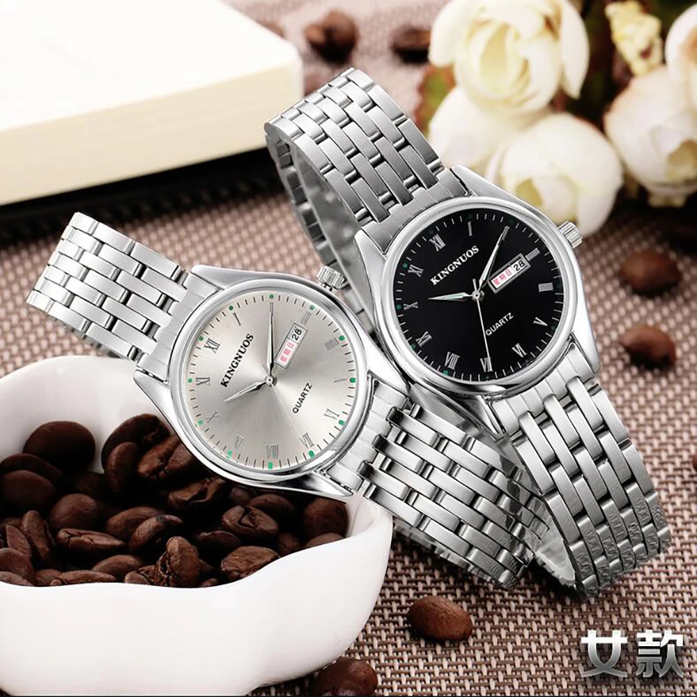 

Fashion Roman Numeral Luminous Waterproof Double Day Steel Band Watch High-end Men and Women Couple Watches