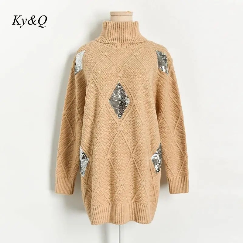 Brand 2019 Winter Women Pink Luxury Pullover Long Loose Lazy Turtleneck Sequin Rhombus Warm Knitted Sweater Clothes Jumper | Женская