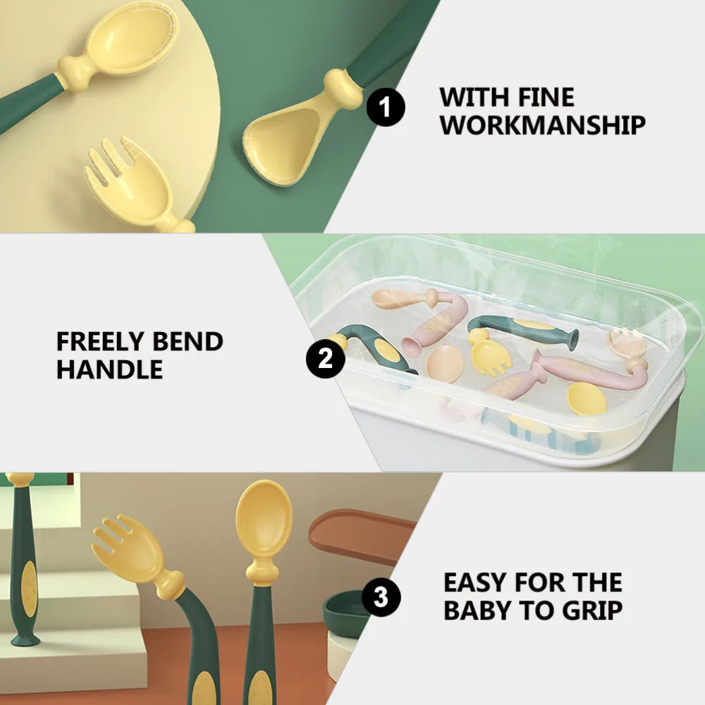 

1 Set Kids Training Tableware Flexible Easy Grip Eating Practice Spoon Fork