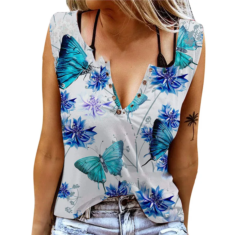 

New Product Summer Butterfly Print Vest Women's Sleeveless V Neck Plus Size Top Sexy Fashion Clothing