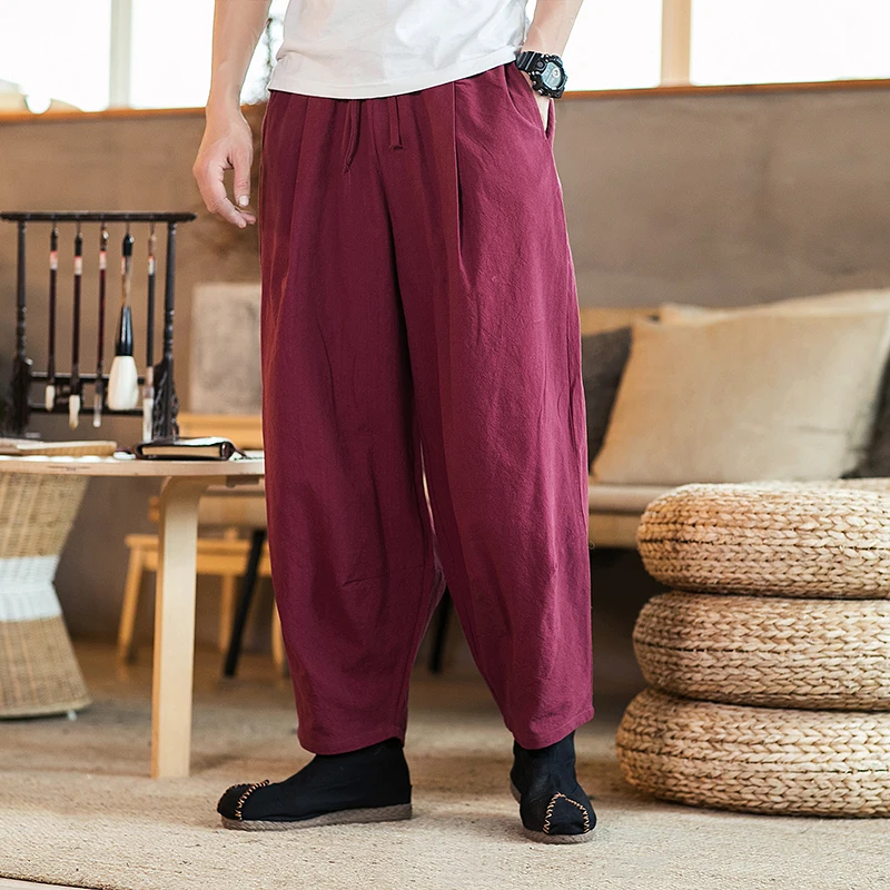 

Dropshipping Men Oversize Wide Leg Pants 2020 Mens Straight Casual Harem Pants Chinese Style Cotton Male Harem Pants