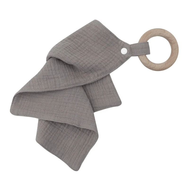 

1pc Baby Saliva Towel with Wooden Teether Newborn Solid Color Snap Button Soft Absorbent Towel Burp Cloths