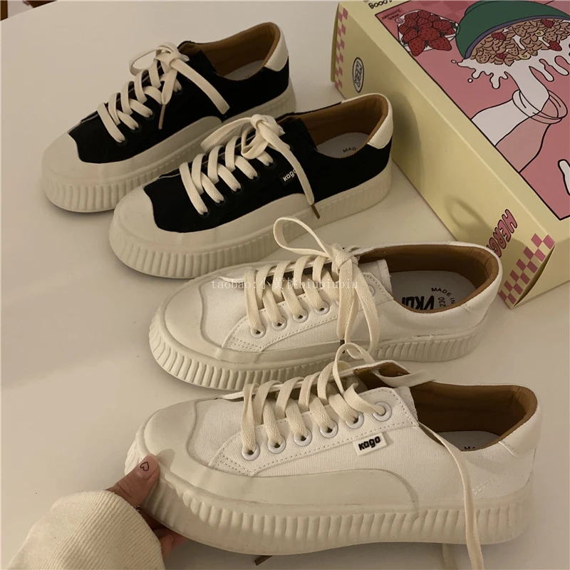 

2021 spring and autumn new simple pure color thick-soled casual small white shoes classic all-match lace-up ladies canvas shoes