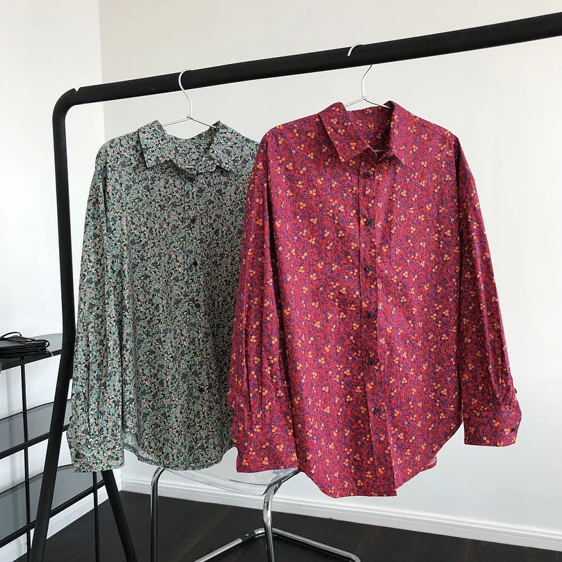 

Women Floral Print Cotton Blouse Oversize Loose Normcore Minimalist Tops Shirt