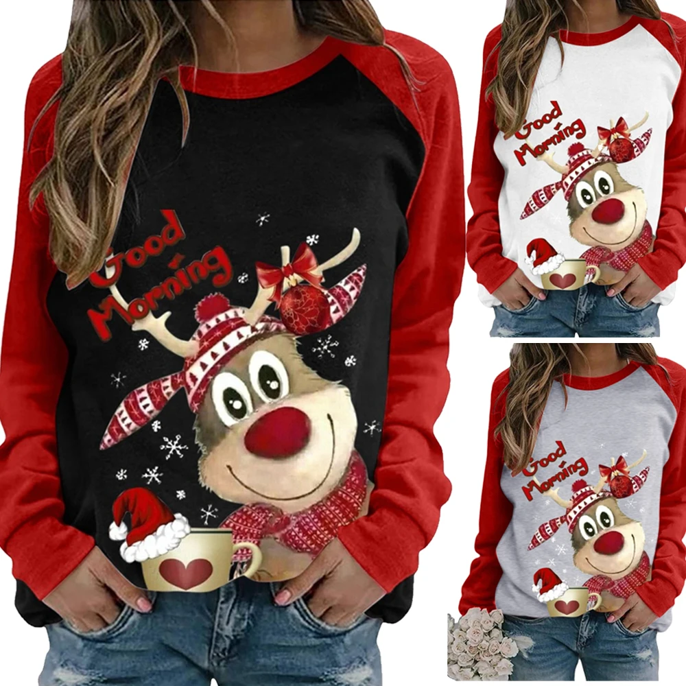 

2022 Merry Christmas Sweater Elk Printed Long Sleeve Shirts Black Casual Blouse Plus Size XXS-4XL Xmas Pullover Tops for Women