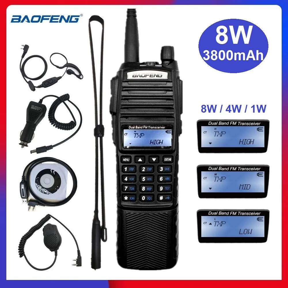 Портативная рация BAOFENG UV 82 8 Вт с большим аккумулятором CB радио для охоты 10 км VHF UHF