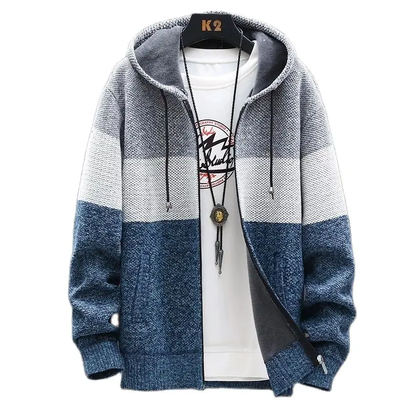 

2021 Autumn Korean Hooded Men's Sweaters with Thick and Velvet Men's Cardigan Knitted Sweatercoats Patchwork Jacket Male M-4XL