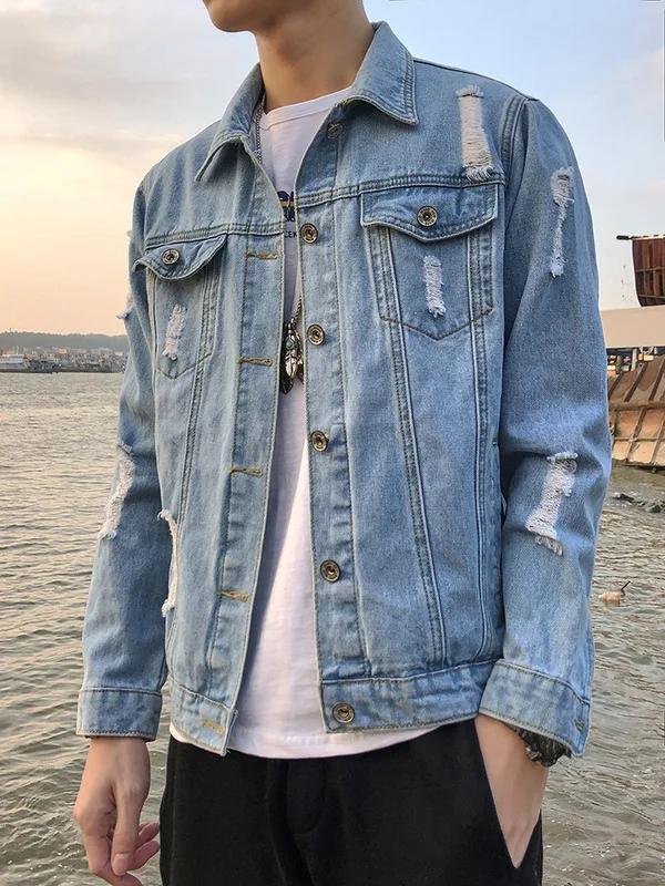 Куртка мужская джинсовая рваная модный тонкий бомбер из денима с дырками