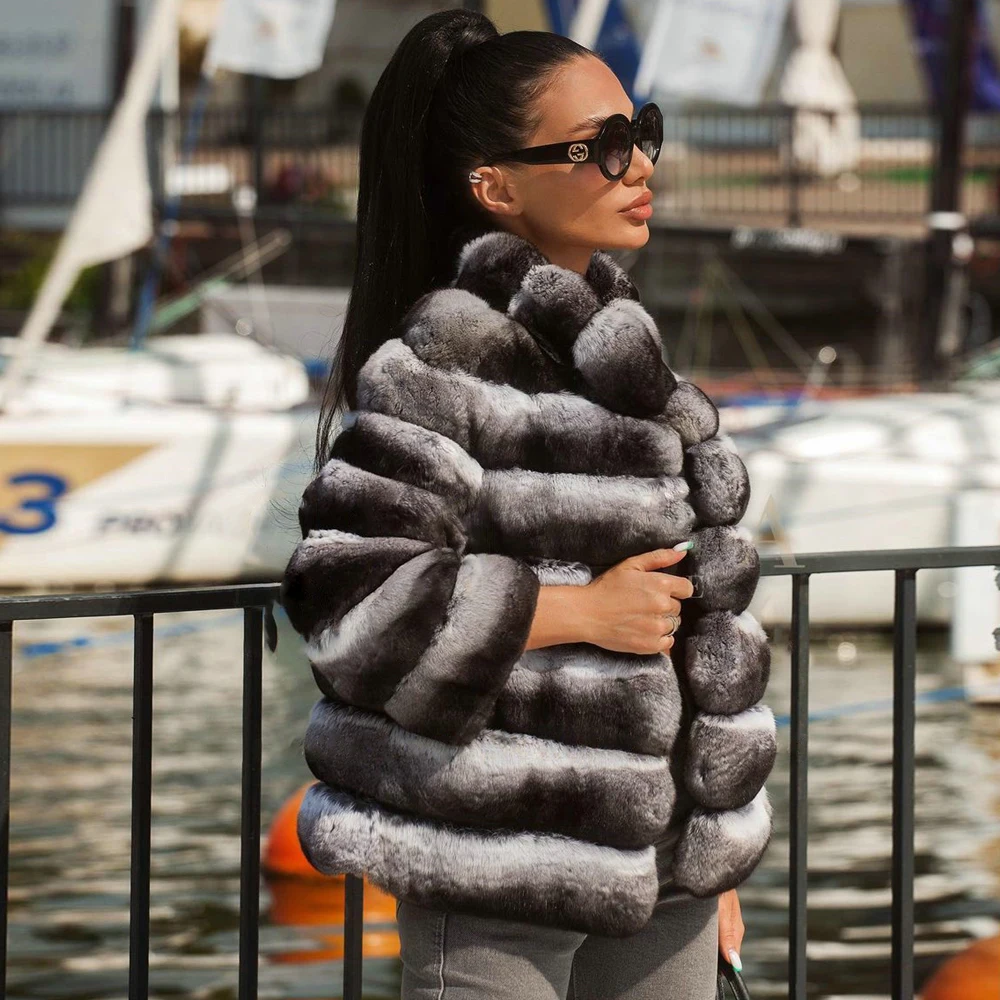 Luxury Women Real Rex Rabbit Fur Coat Stand Collar Winter Fashion Genuine Rex Rabbit Fur Jacket High Quality Thick Fur Overcoat