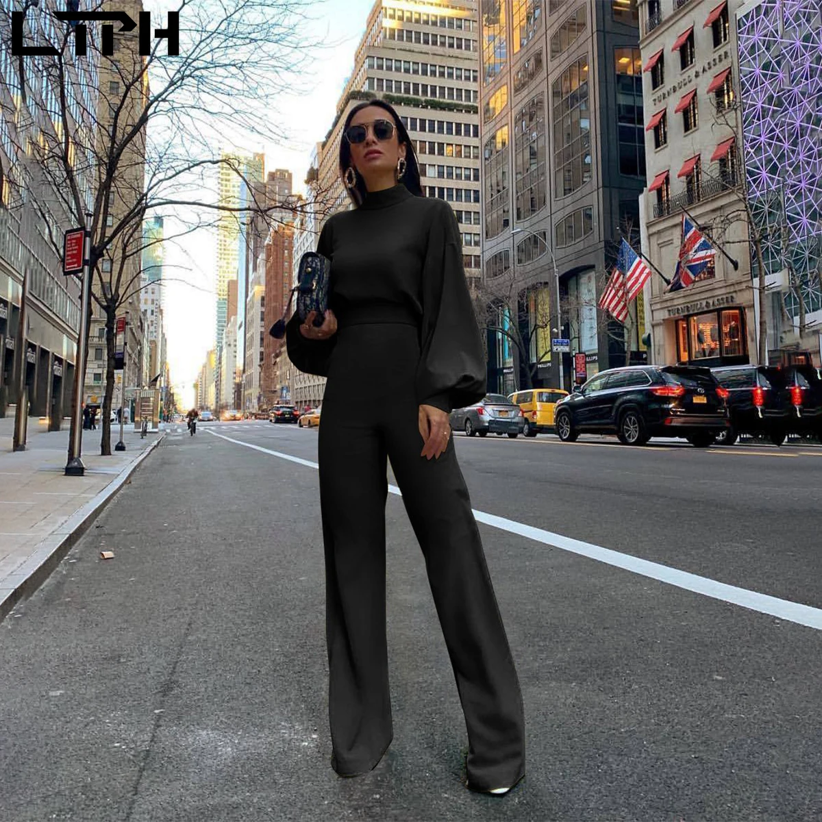 Комбинезон женский трикотажный однотонный с длинным рукавом и высоким