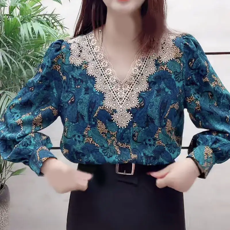 

Lace Chiffon Women Blouse Spring Autumn Long Sleeve Printing Loose Shirt Vintage Ladies Holiday Style Female Clothe
