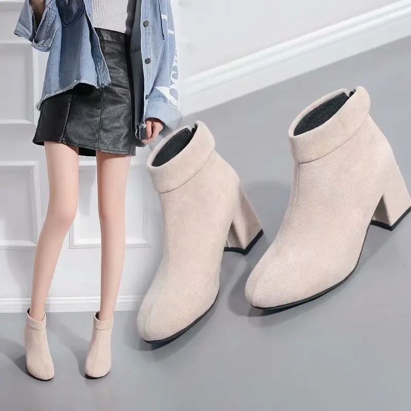 2019 г. Новые Модные осенние ботильоны на высоком каблуке с круглым носком женские