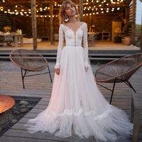 2021 new arrival bohomian lace long sleeves bridal wedding dresses illusion neckline sheer back wedding gowns for bride on sale
