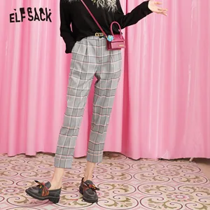 Женские клетчатые брюки ELFSACK, серые повседневные брюки с высокой талией в британском стиле, офисные брюки для зимы, 2019