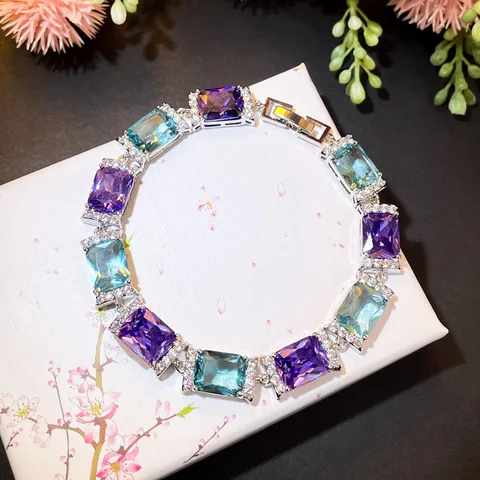 Pera Classic Синий Фиолетовый Кристалл Серебристый Цвет Квадратной Огранки CZ Link Браслеты-Цепочки Браслеты для Лучшего Друга Вечеринка Ювелирные Изделия Подарок B233