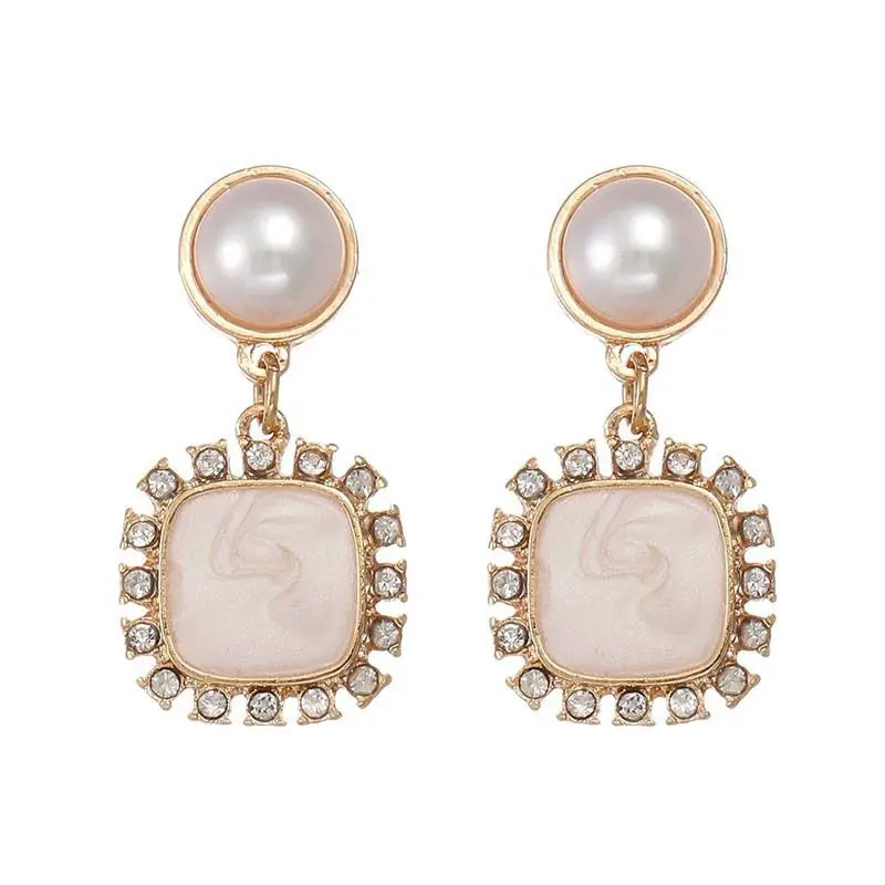

New Geometric Pearl Opal Square Drop Earrings For Woman 2021 Korean Fashion Jewelry Wedding Party Girl's Unusual Clip Earring