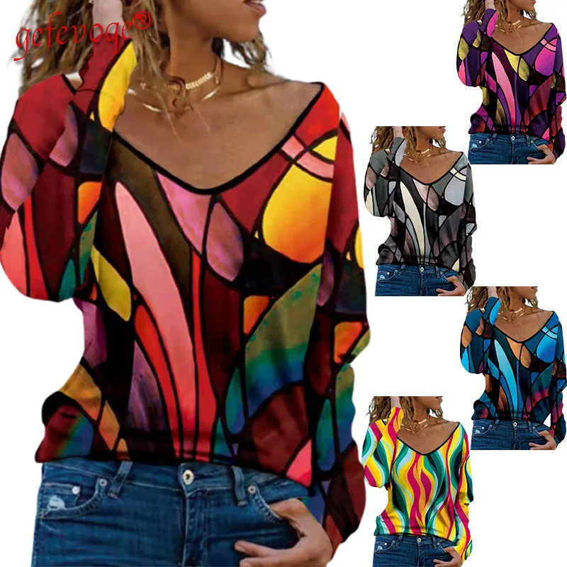 

Новая Осенняя модная женская одежда больших размеров, 2021, Повседневная Уличная одежда, футболки с V-образным вырезом и длинным рукавом, своб...